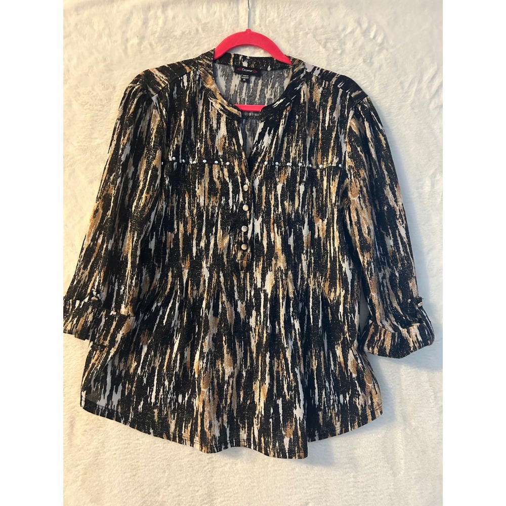 Cocomo Womens XL Abstract Ikat Metallic Blouse 3/4 Roll Tab Sleeve Black Tan